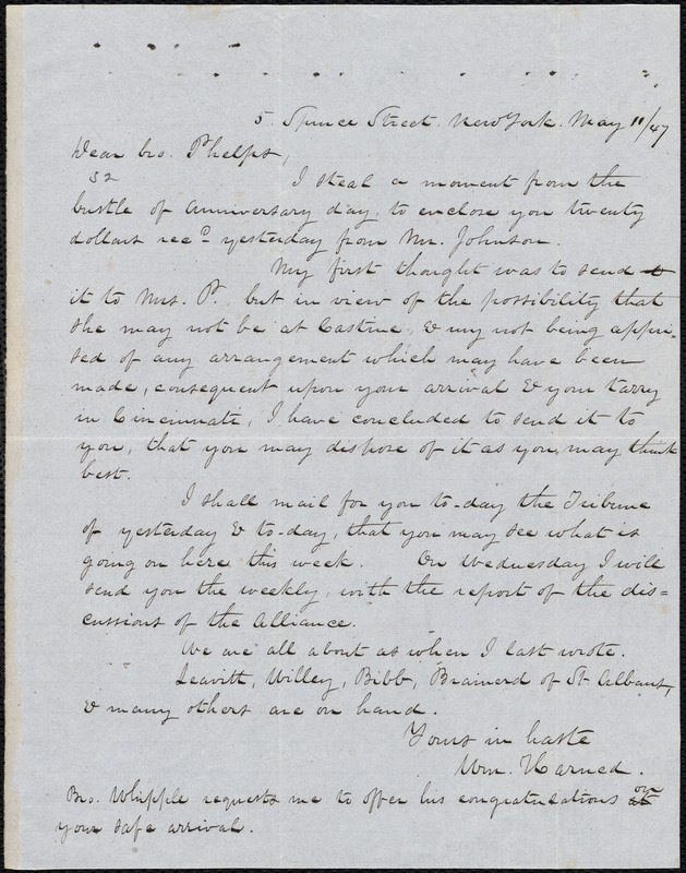 Letter From William Harned, New York, To Amos Augustus Phelps, May 11 / ...