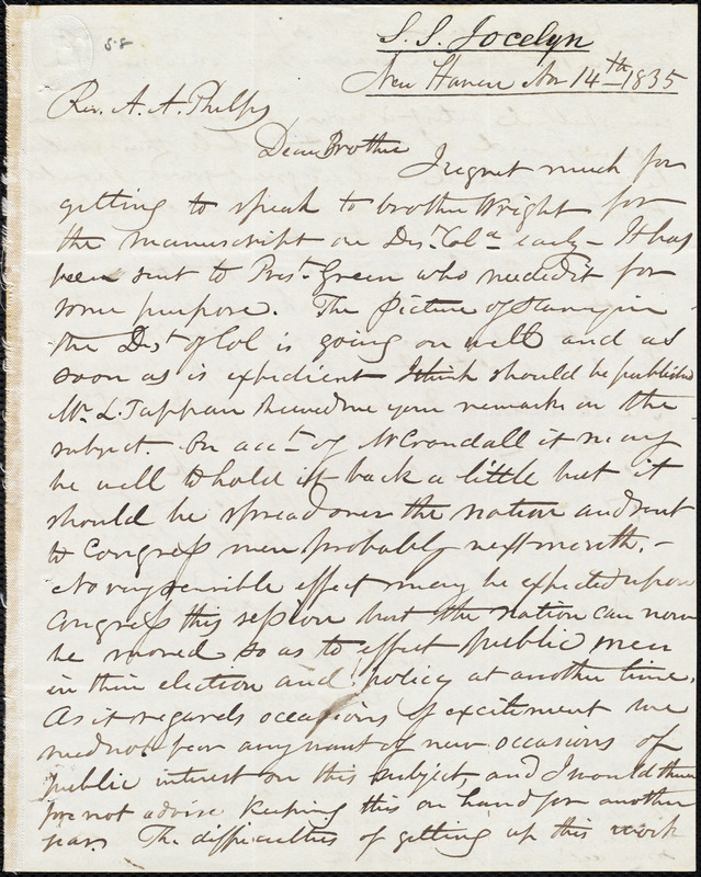 Letter from Simeon Smith Jocelyn, New Haven, to Amos Augustus Phelps ...