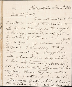 Letter from Evan Lewis, Philadelphia, to Amos Augustus Phelps, 11th mo. 14th 1833