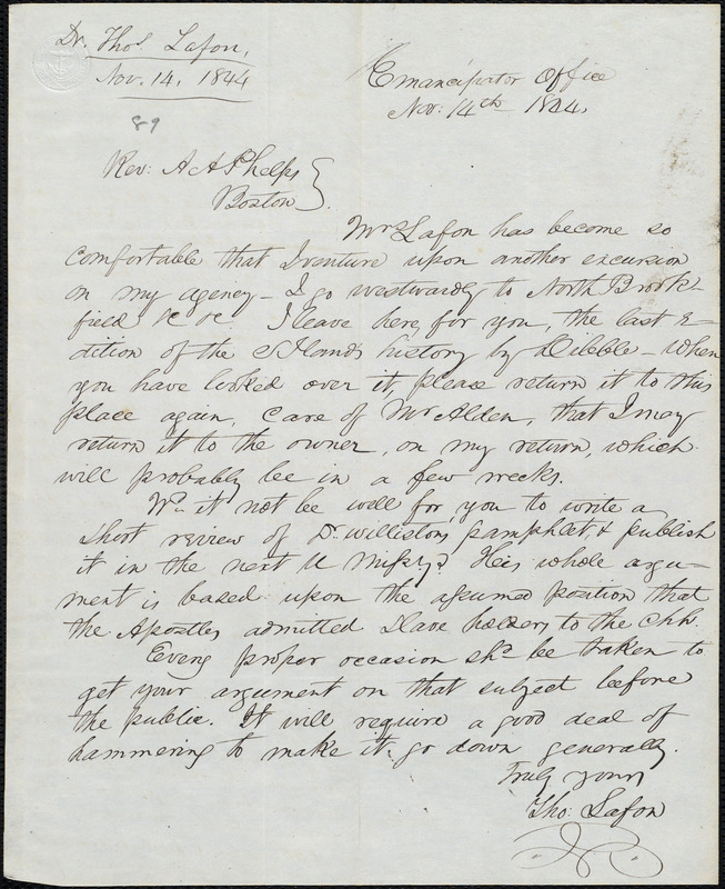 Letter from Thomas Lafon, to Amos Augustus Phelps, Nov: 14th 1844 ...