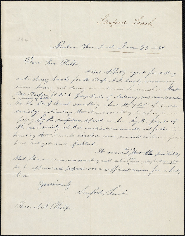 Letter from Sanford Leach, Newton, to Amos Augustus Phelps, June 20 ...