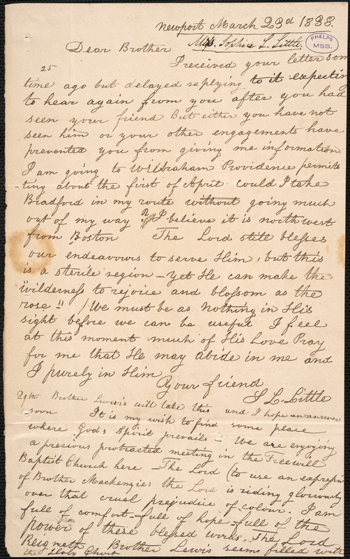 Letter from Sophia Louisa Little, Newport, to Amos Augustus Phelps, March 23d 1838