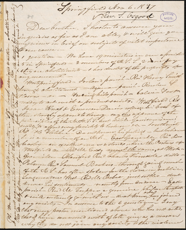 Letter from Samuel Osgood, Springfield, to Amos Augustus Phelps, Nov 6 ...