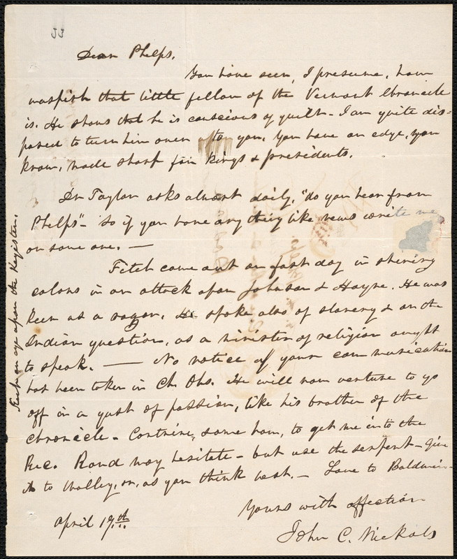 Letter From John Cutler Nichols, [new Haven], To Amos Augustus Phelps 