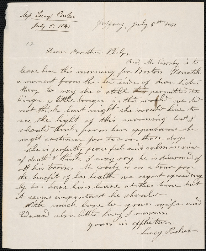 Letter from Lucy Parker, Jeffrey, to Amos Augustus Phelps, July 5th ...