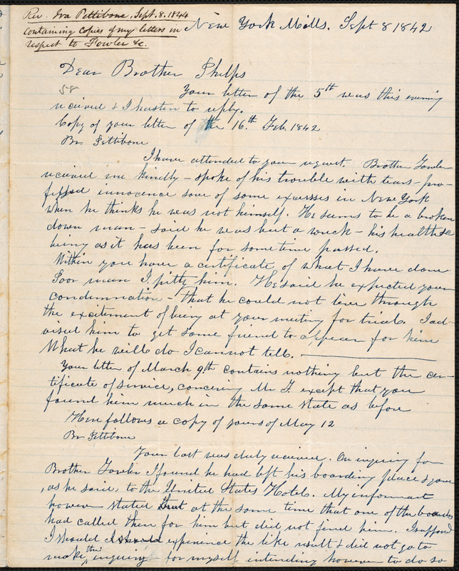 Letter From Ira Pettibone, New York Mills, To Amos Augustus Phelps ...