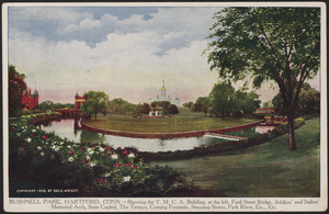 Bushnell Park, Hartford, Conn. - Showing the Y.M.C.A. building, at the left, Ford Street Bridge, Soldiers' and Sailors' Memorial Arch, State Capitol, the Terrace, Corning Fountain, Stepping Stones, Park River, etc., etc.