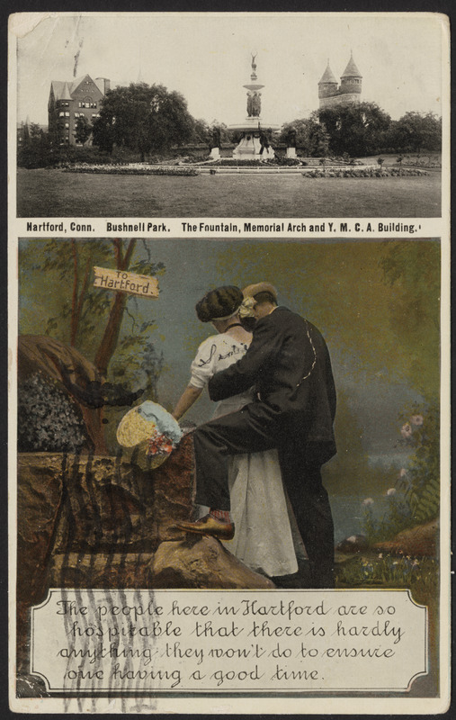 Hartford, Conn. Bushnell Park. The Fountain, Memorial Arch and Y.M.C.A. building