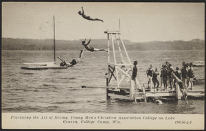 Practising the art of diving, Young Men's Christian Association College on Lake Geneva, College Camp, Wis.