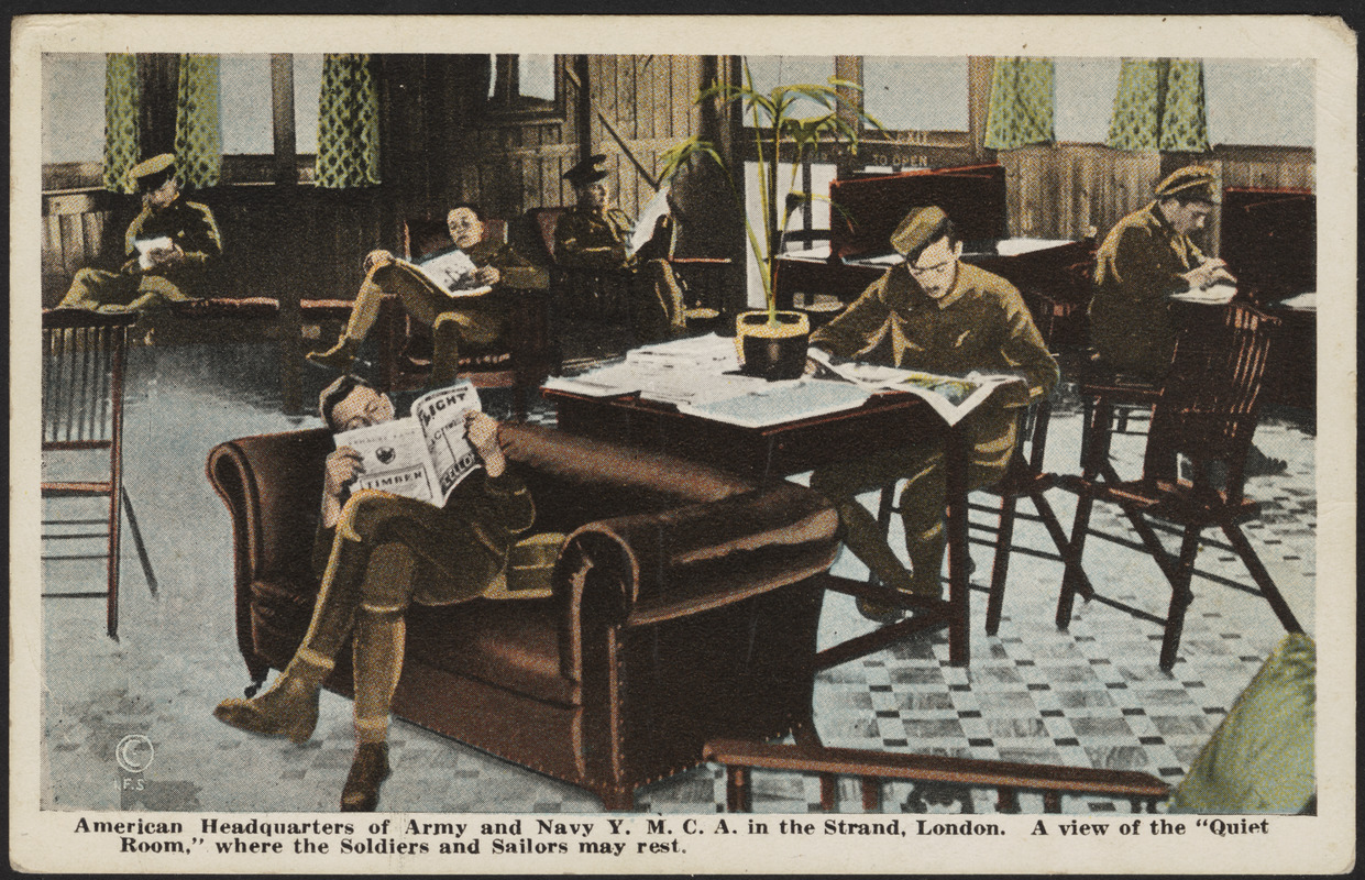 American Headquarters of Army and Navy Y.M.C.A. in the Strand, London. A view of the "Quiet Room," where the Soldiers and Sailors may rest.