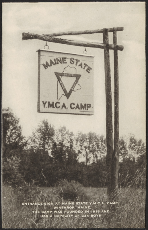 Entrance sign at Maine State Y.M.C.A. Camp, Winthrop, Maine. The camp was founded in 1915 and has a capacity of 234 boys