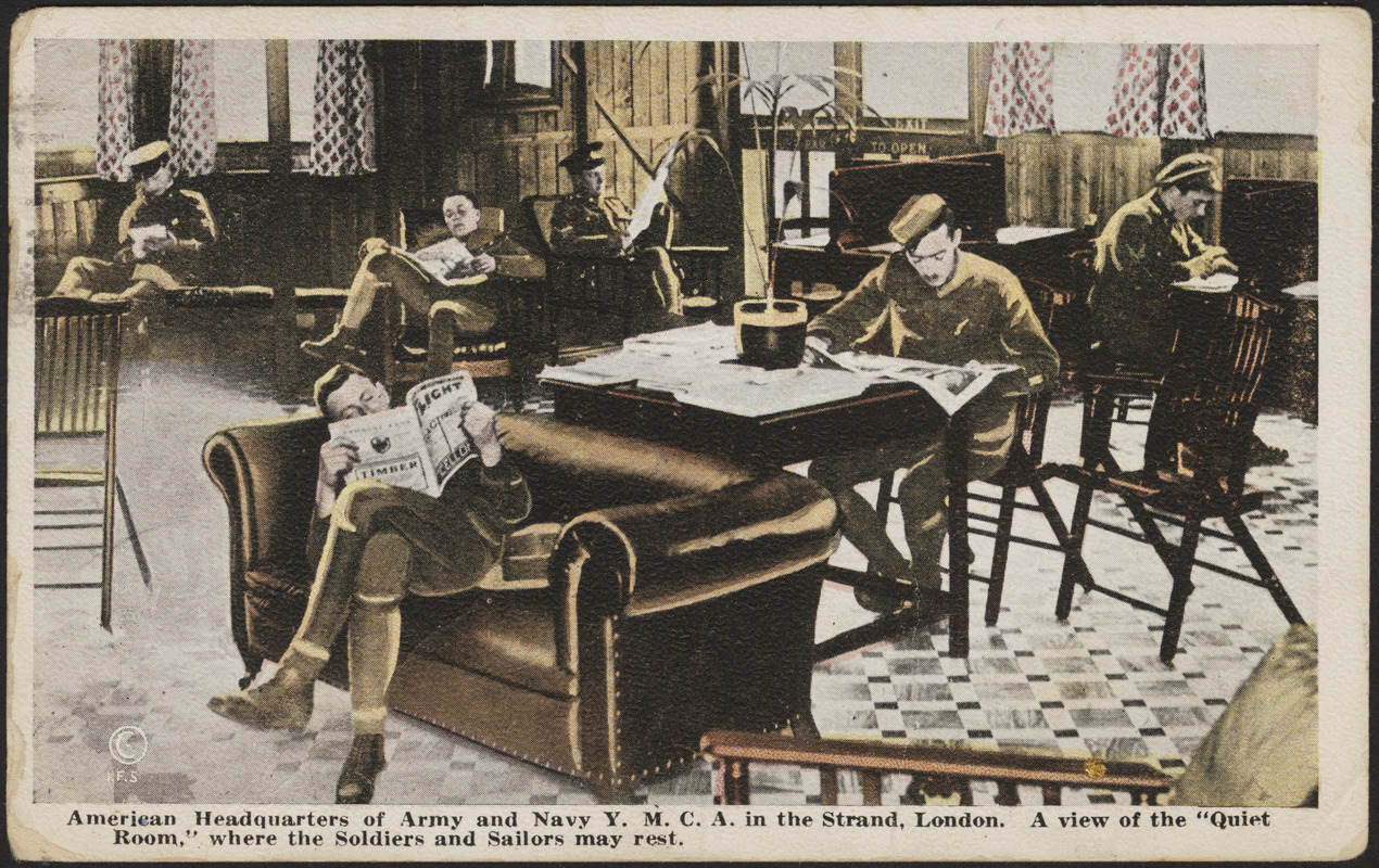 American Headquarters of Army and Navy Y.M.C.A. in the Strand, London. A view of the "quiet room," where the soldiers and saliors may rest