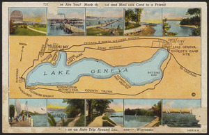 Where are you? Mark the spot and mail this card to a friend-- on an auto trip around Lake Geneva Wisconsin