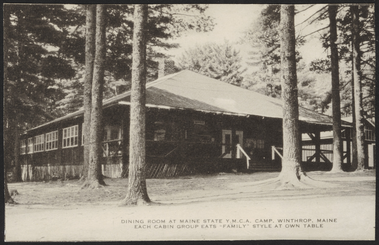 Dining room at Maine State Y.M.C.A. Camp, Winthrop, Maine each cabin group eats "family" style at own table