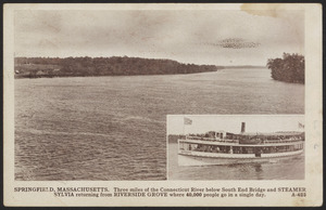 Springfield, Massachusetts. Three miles of the Connecticut River below South End Bridge and Steamer Sylvia returning from Riverside Grove where 40,000 people go in a single day
