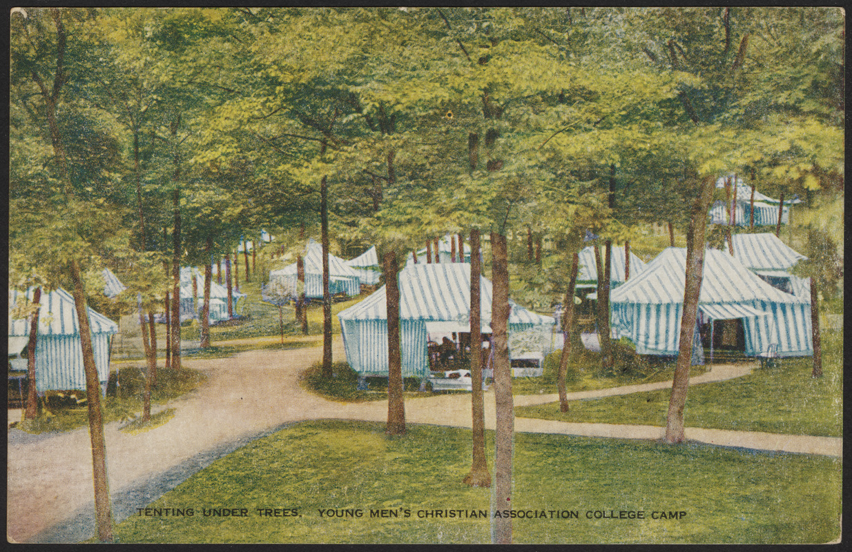 Tenting under trees. Young Men's Christian Association College Camp