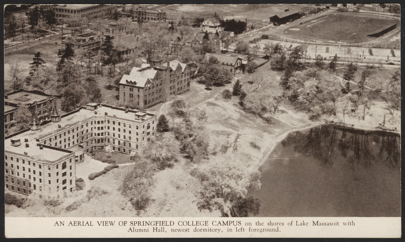 An aerial view of Springfield College Campus on the shores of Lake Massasoit with Alumni Hall, newest dormitory, in left foreground
