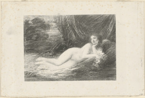 Étude de femme couchée au-devant d'un rideau