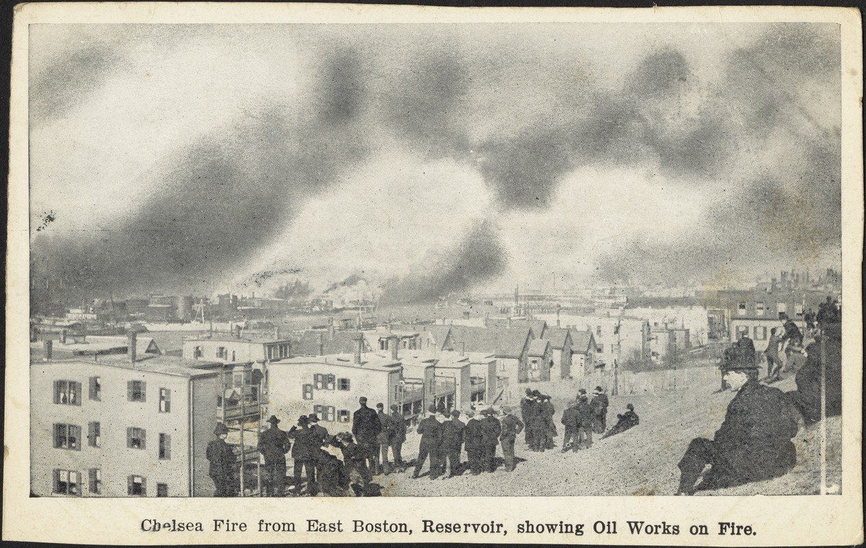 Chelsea Fire from East Boston, reservoir, showing Oil Works on fire