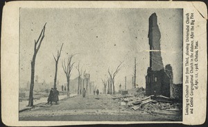 Looking up Chestnut Street from Third, showing Universalist Church and Central Congregational Church in the distance. After the big fire of Apr. 12, 1908. Chelsea, Mass.