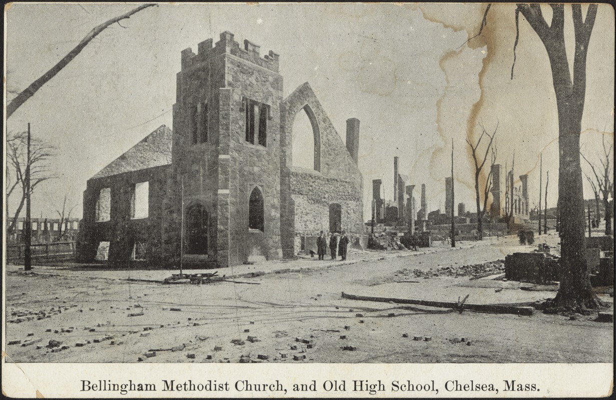 Bellingham Methodist Church, and old high school, Chelsea, Mass.
