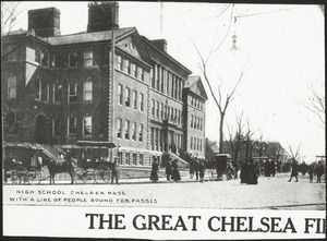 High school Chelsea Mass. with a line of people bound for passes