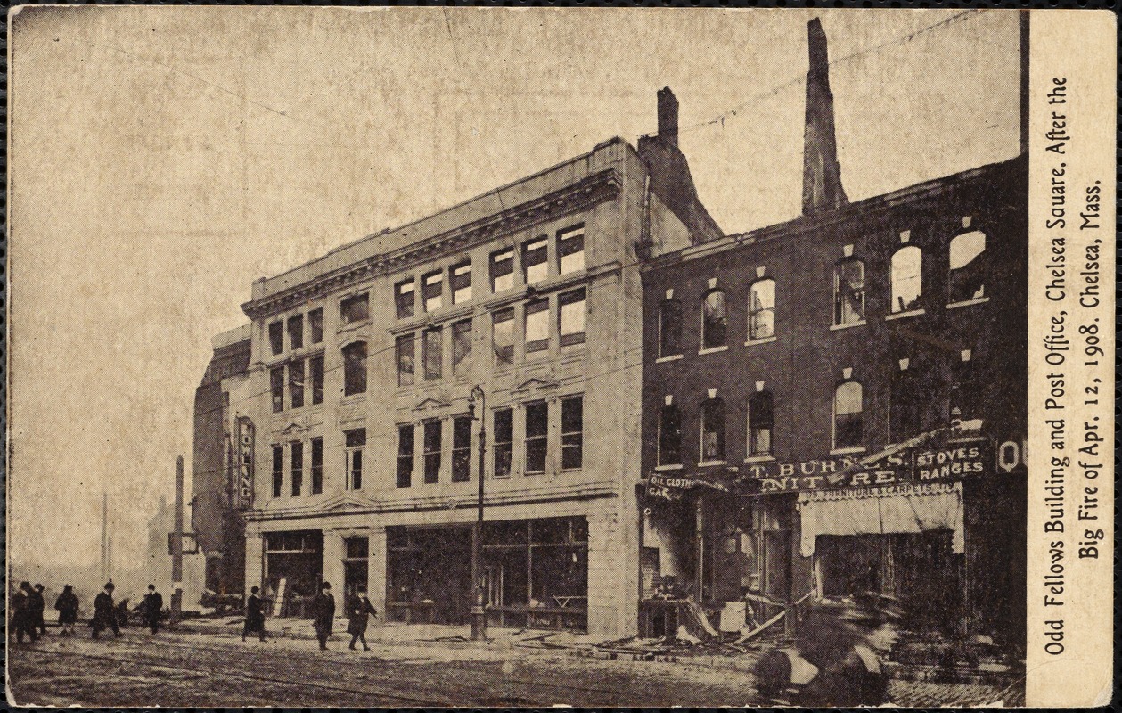 Odd Fellows building and post office, Chelsea Square. After the big fire of Apr. 12, 1908. Chelsea Mass.