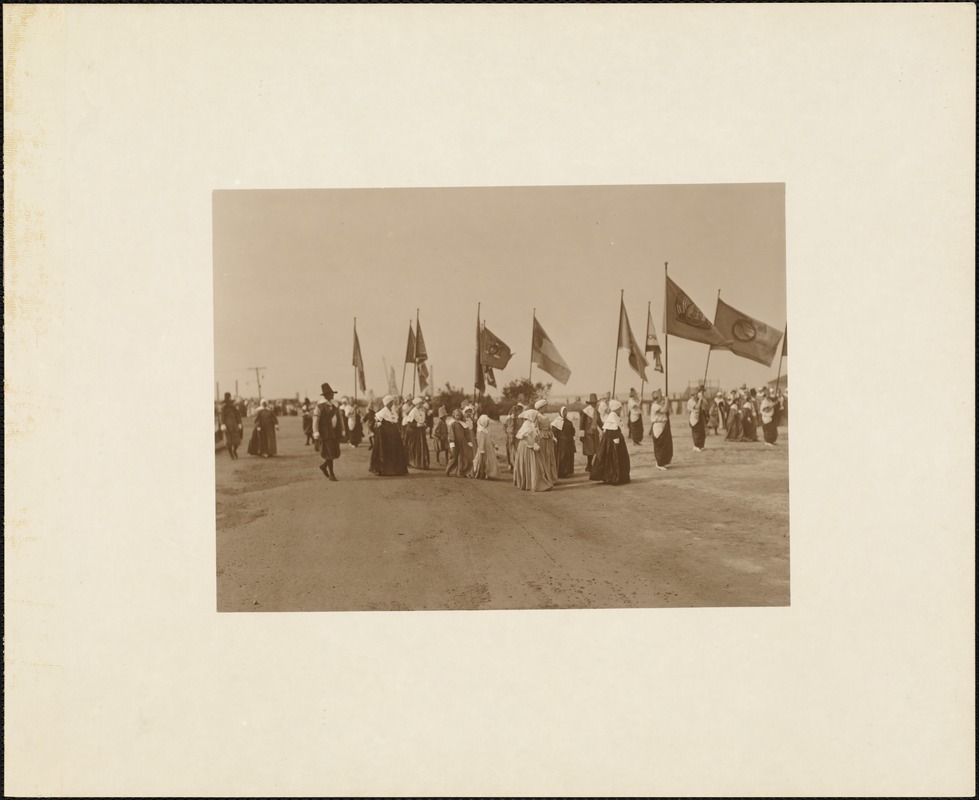 Plymouth Tercentenary Pageant, a group of Pilgrim women conveying state flags in the finale of the pageant