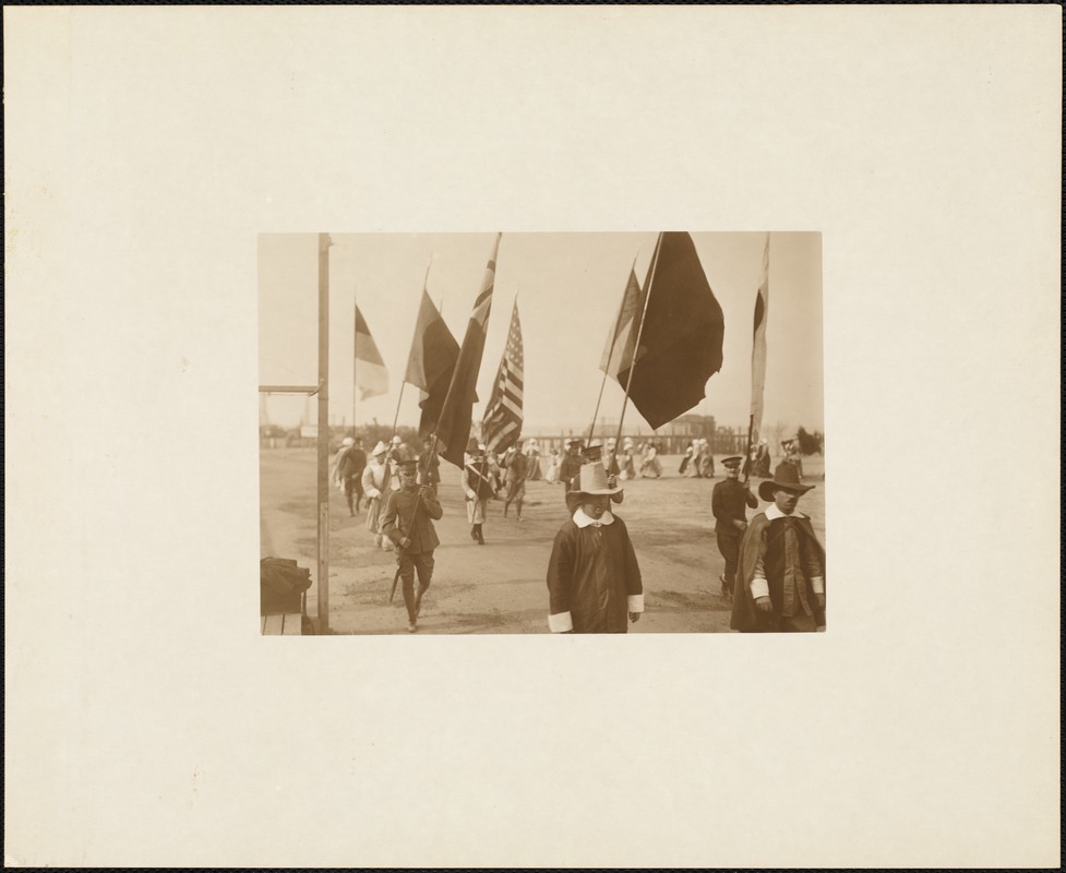 Plymouth Tercentenary Pageant, close-up of cast marching and holding flags