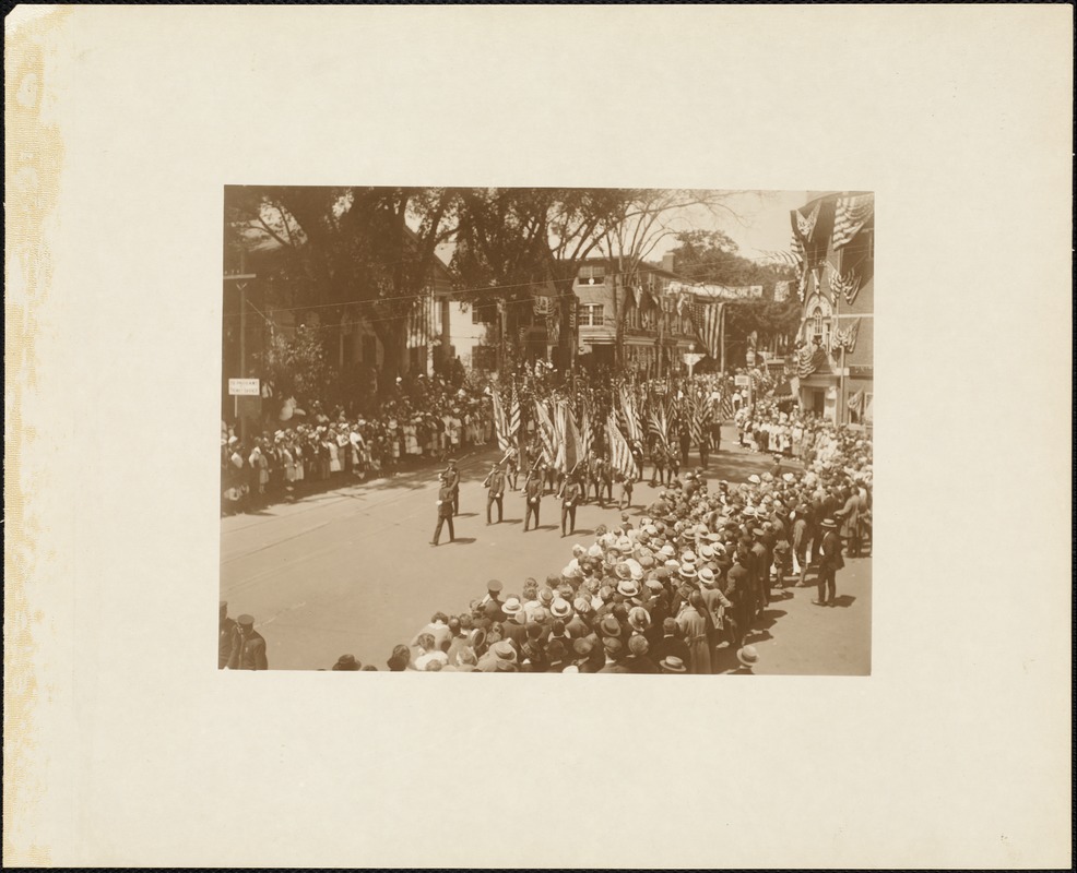Plymouth Tercentenary celebration, parade, President Day, August 1, 1921, marchers in uniform with flags