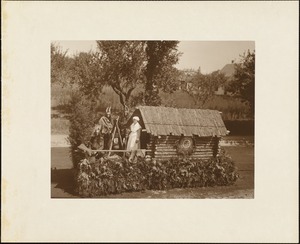 Plymouth Tercentenary celebration, parade, President Day, August 1, 1921, float showing first house in Halifax, MA, from town of Halifax