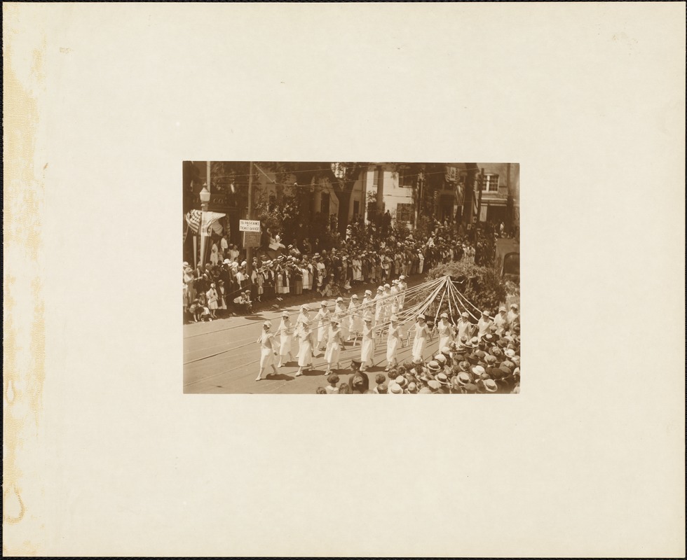 Plymouth Tercentenary celebration, parade, President Day, August 1, 1921, women marching with streamers in front of unidentified float