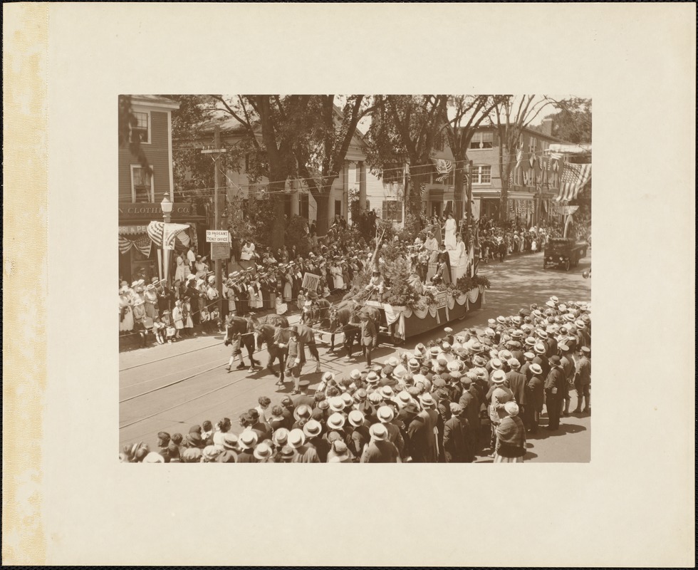 Plymouth Tercentenary celebration, parade, President Day, August 1, 1921, float representing the Pilgrims' second settlement, Duxbury, MA