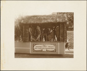 Plymouth  Tercentenary celebration, parade, President Day, August 1, 1921, float by Carver, MA, representing signing first treaty, Governor Carver and Massasoit