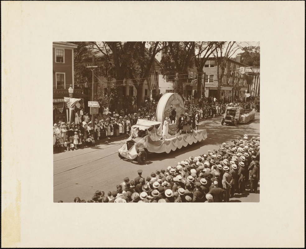 Plymouth  Tercentenary celebration, parade, President Day, August 1, 1921, float by Brockton, MA, representing Sachem's Rock, 1649