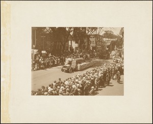 Plymouth  Tercentenary celebration, parade, President Day, August 1, 1921, float by Rochester, Marion and Mattapoisett representing whale spearing