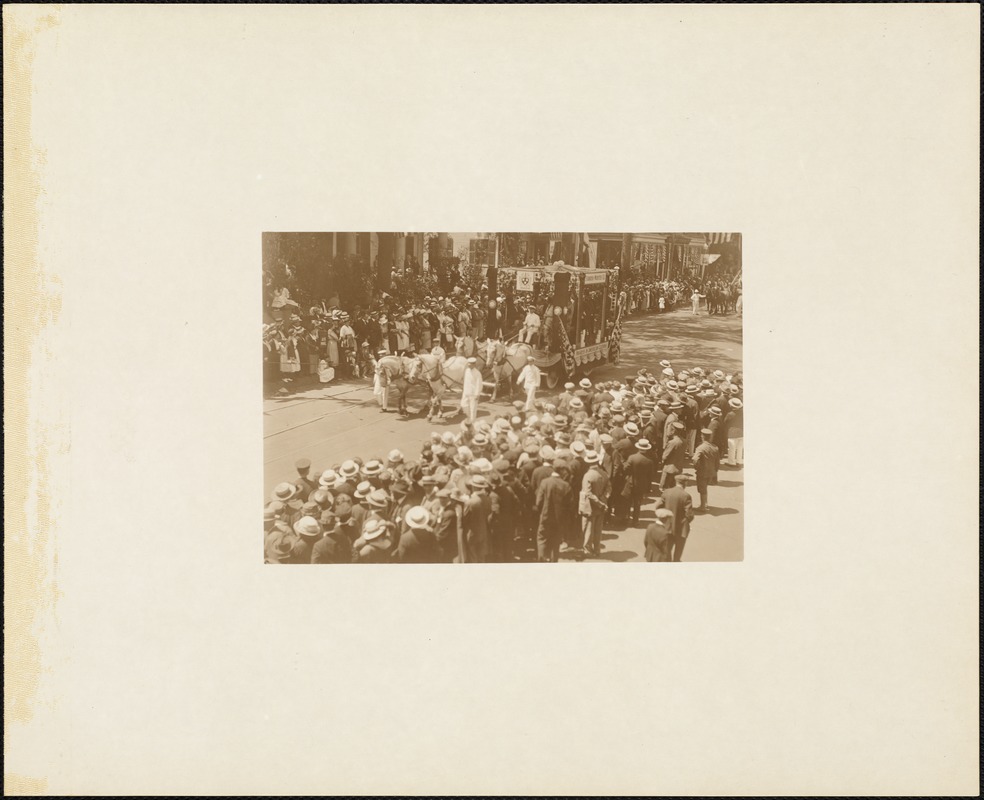 Plymouth Tercentenary celebration, parade, President Day, August 1, 1921, commercial float by Standish Worsted Company, Plymouth