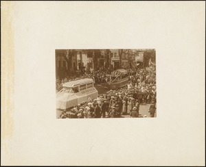 Plymouth  Tercentenary celebration, parade, President Day, August 1, 1921, 2 commercial floats, Suffolk Brand Canned Goods followed by unidentified float
