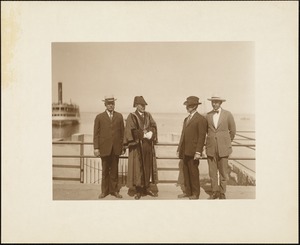 Plymouth Tercentenary celebration, August 4, 1921, Deputy Mayor Isaac Foot of Plymouth, England (in regalia) with Selectman William T. Eldridge, George W. Bradford, and Josiah A. Robbins in front of Plymouth Rock (prior to completion of portico)