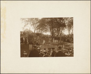 Plymouth Tercentenary celebration, October 4, 1921, dedication ceremony of antique cannon presented as a gift of the British government, memorial mounted on Burial Hill, view from below