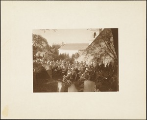 Plymouth Tercentenary celebration, October 4, 1921, dedication ceremony of antique cannon presented as a gift of the British government, memorial mounted on Burial Hill, members of the Ancient and Honorable Artillery Company seated