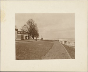 Vista from top of Cole's Hill showing Mayflower passengers' memorial, statue of Massasoit, and Plymouth Rock portico, winter 1921/1922