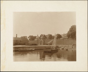 Plymouth waterfront, summer of 1920, view towards Cole's Hill from the water, including the monument designed by Hammatt Billings (1859) for Plymouth Rock