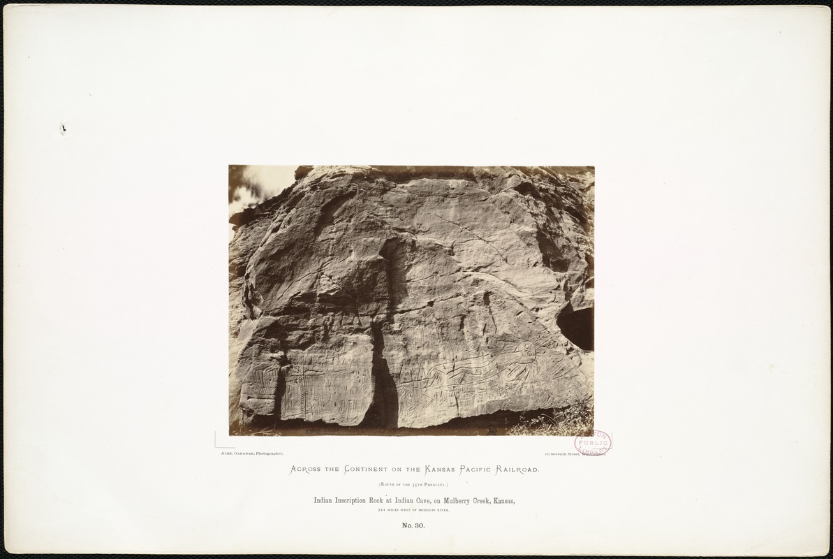 Indian Inscription Rock at Indian Cave, on Mulberry Creek, Kansas, 211 miles west of Missouri River.