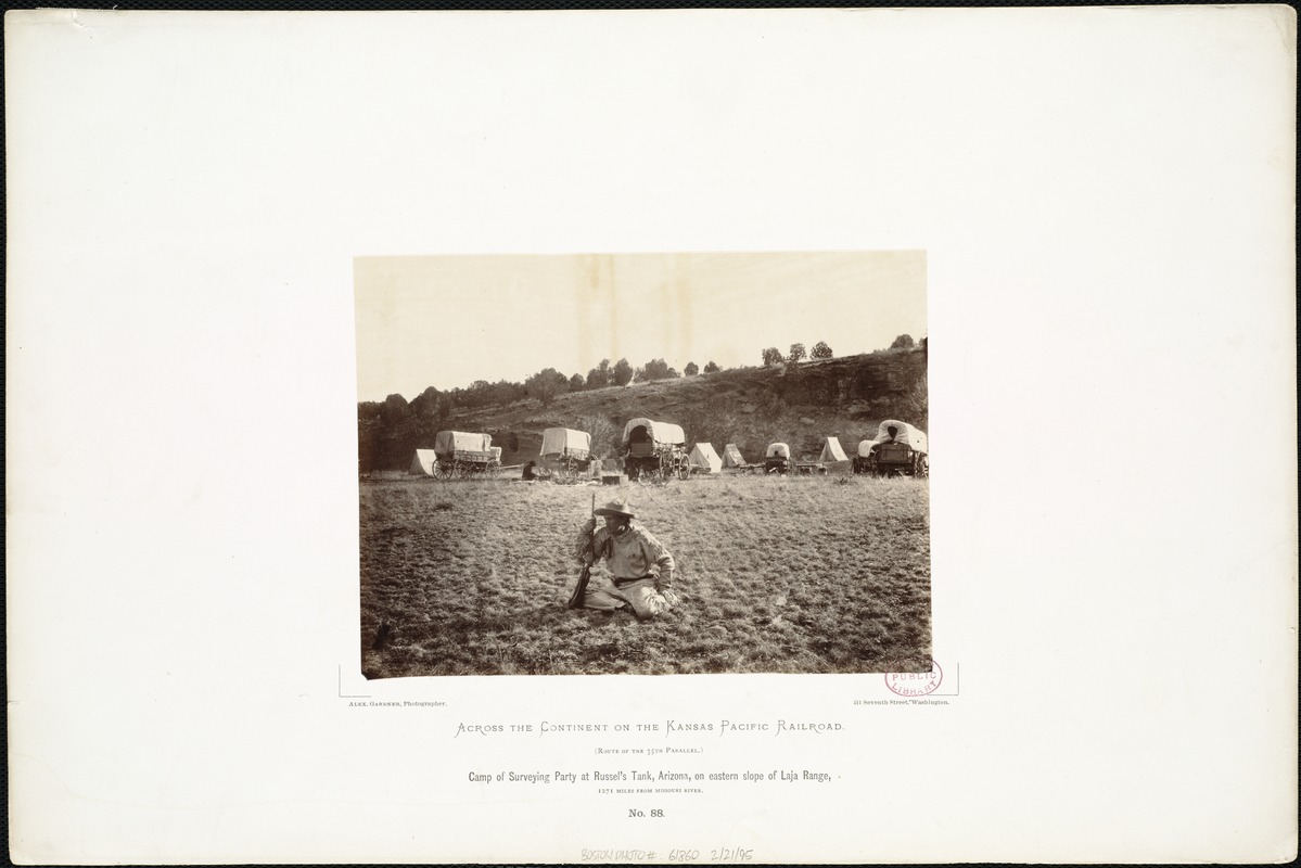 Camp of surverying party at Russel's Tank, Arizona, on eastern slope of Laja Range, 1,271 miles from Missouri River.