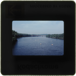 River scene with boats looking to Mt. Tom