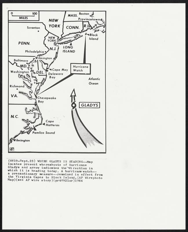 Where Gladys Is Heading--Map locates present whereabouts of Hurricane iladys and arrow indicates the direction in which 1t lay heading today. A hurricane watch-- a precautionary measure--remained in effect from the Virginia Capes to Block Island.