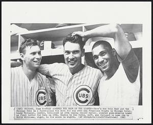 Chicago – They Lowered The Boom On The Giants – Here’s the trio that put the Chicago Cubs in a first-place tie with 3-2 win over San Francisco Giants in Chicago today, Lindy McDaniel, center, brilliant as 10th inning relief hurler, clouted game-winning homer as first batter for Cubs in 10th. Double by Ken Hubbs, left, was followed by home run by Billy Williams, right, to tie score in eighth.