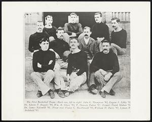 The First Basketball Team: (Back row, left to right) John G. Thompson '93, Eugene S. Libby '92, Dr. Edwin P. Ruggles '95, Wm. R. Chase '93, T. Duncan Patton '92. (Center) Frank Mahan '93, Dr. James Naismith '91. (Front row) Finlay G. MacDonald '93, William H. Davis '92, Lyman W. Archibald '93.