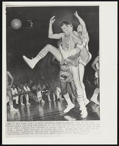 High Steppers--Gene Tormohlen (34) of the St. Louis Hawks and Dick Van Arsdale of the New York Knicks each balance on one foot after leaping for rebound in second period of last night's game in New York. Hawks John Tresvant is behind the two. Knicks won the night cap of a National Basketball Association doubleheader by score of 138-119.